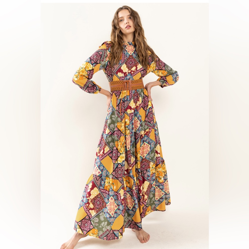 37 Boho Border Print Woven Shirring Tiered Maxi Dress